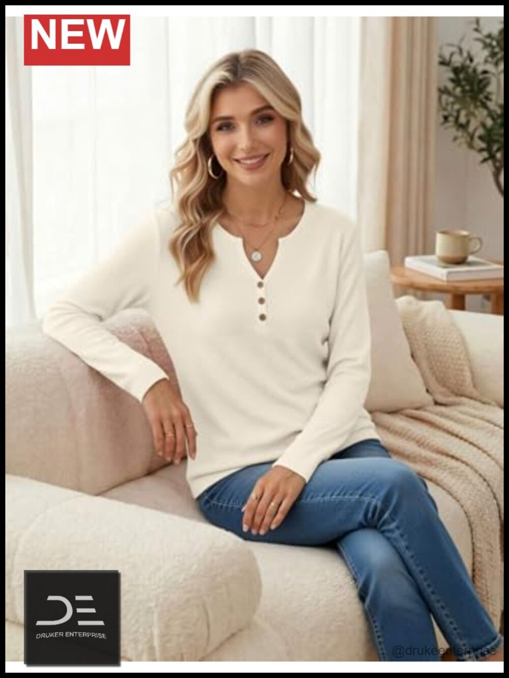 Women's Long Sleeve Waffle Knit V Neck Tunic Tops - Picture 5 of 6